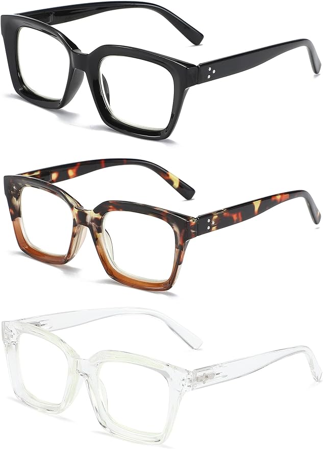 3 Pack Oversize Square Design Reading Glasses for Women, Blue Light Blocking Reader (Black&Leopard&Transparent, 1.75)