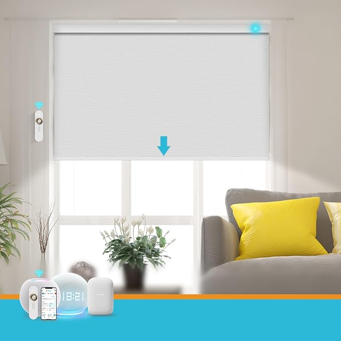 Motorized Blinds with Remote, Smart Blind Roller Shades Compatible with Alexa, Durable Rechargeable Battery Solar Power Electric Window Blinds Motorized Shades Customized Size (Luxury-White)