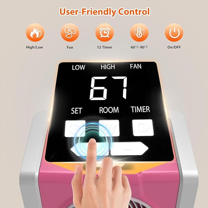 HEATIT Space Heater for Indoor, Digital Display with Thermostat, 1-12H Timer, Fan Mode,1500W/750W, Electric Space Heater for Office, Bedroom,Pink,10.6"Dx7.0"W x 11.8"H