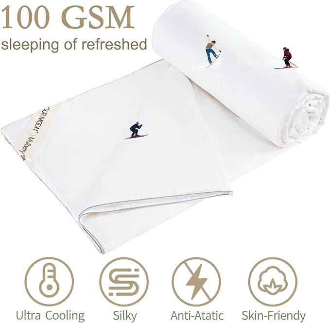 YOUR MOON Luxurious Summer/Spring Lightweight Mulberry Silk Comforter Queen Size,100% Natural Long Strand Silk Fill Duvet Blankets, Luxury Bedding Summer, Noiseless Cotton Shell (White)