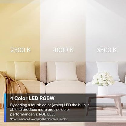 TP-Link Tapo Smart Light Bulbs, 16M Colors RGBW, Dimmable, Compatible with Alexa and Google Home, A19, 60W Equivalent, 800LM CRI>90, 2.4GHz WiFi only, No Hub Required, Tapo L530E(4-Pack)