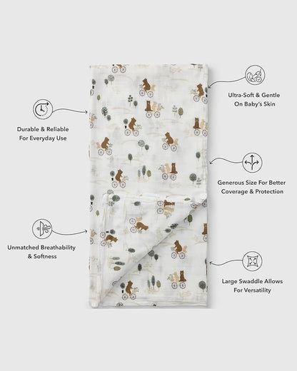 Loulou Lollipop Muslin Swaddle Blanket, Bears on Bike - 70% Rayon from Bamboo, 30% Cotton, Size 18-24M, Unisex, Lightweight, Summer, Swaddle, Sleep & Swaddle
