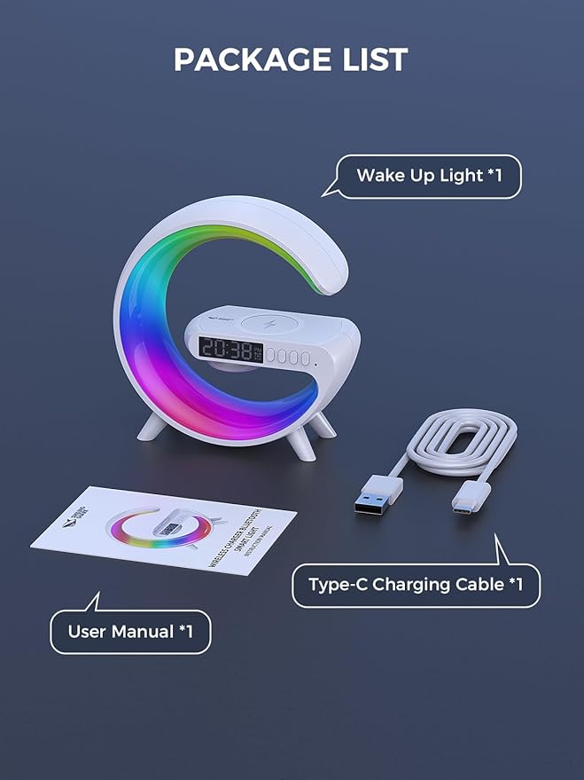 Smiling Shark Wake Up Light, Atmosphere Desk Light with 15W Wireless Charger & Bluetooth Speaker Button Control 10 Lights Mode Sunrise Simulation Alarm Clock Smart Light for Home Decor Bedroom