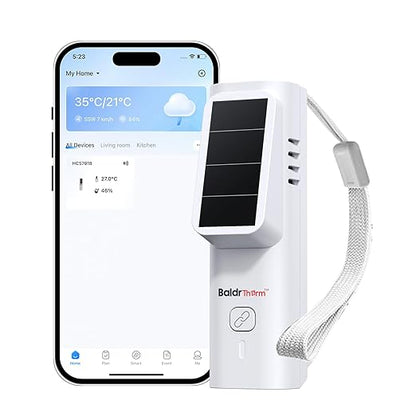 BaldrTherm Solar Bluetooth Thermometer & Humidity Monitor, Wireless Thermometer with Date Storage, Real-Time Alerts, 262 Feet Connecting Range, Apply for Room Greenhouse, Pet Cages, 1pack