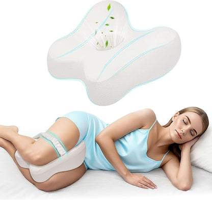 Knee Pillow for Side Sleepers Memory Foam Sciatica Pain Relief Leg Pillow, Removable Breathable Cover & Elastic Strap White
