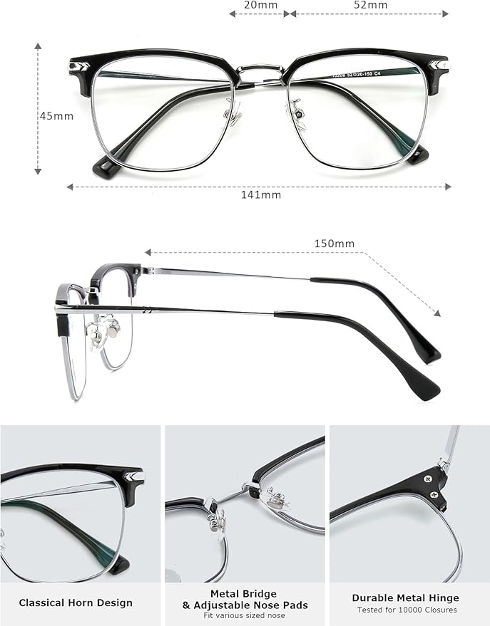 Blue Light Blocking Glasses for Men Metal Browline Computer Gaming Glasses Filter Blue Ray (Black Silver)