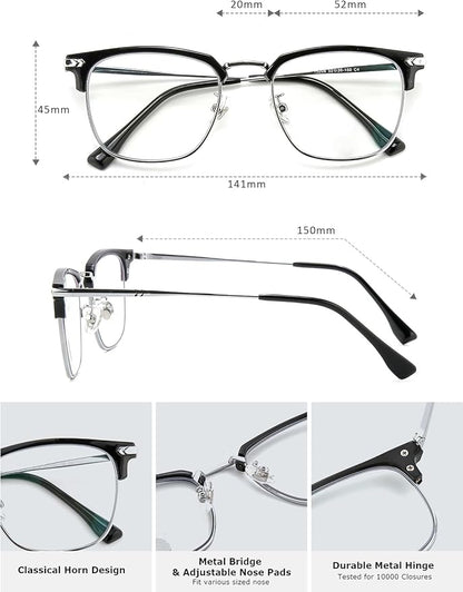 Blue Light Blocking Glasses for Men Metal Browline Computer Gaming Glasses Filter Blue Ray (Black Silver)