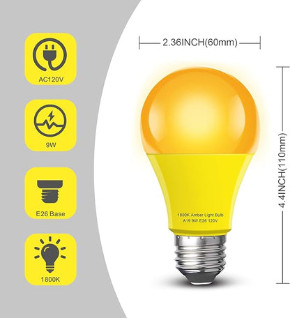 Sleep Light Bulb 4 Pack，Dimmable 1800K Warm Light Bulbs for Healthy Sleep,Blue Light Blocking,A19 9W(60W Equivalent) E26 Base Amber Light Bulbs for Bedroom, Baby Nursery Room