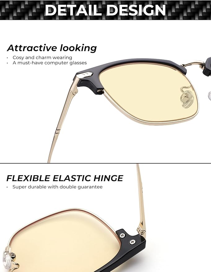 Blue Light Glasses | Men Browline Gaming Glasses | Anti Eye Strain & Migraine Blue Blocker Eyeglasses（Black Gold）