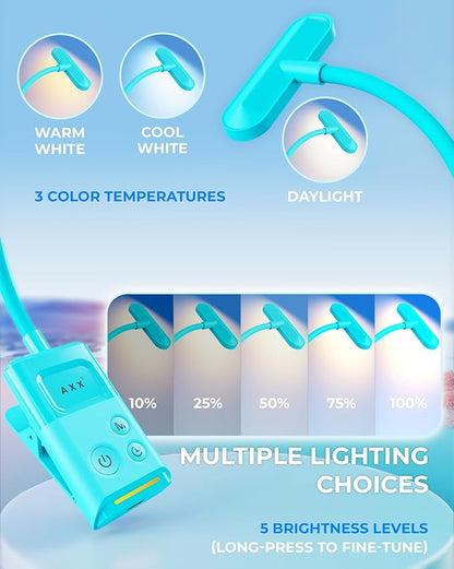 AXX Clip on Book Light for Bed, Rechargeable Reading Lamp for Kids, 1000mAh Battery Operated, 30/60 Minutes Timer, Lighting Accessories for Travel Car at Night - Misty Blue, 2 Pack