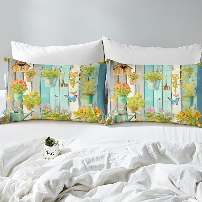 Manfei Gardener Kids Sheet King Size,Gardening Tools Potted Plants Flowers Bedding Set,Boys Girls Room Decor,Wooden Plank Geometric Rustic Green Retro Bed Sheet Set 4pcs(Fitted + Flat + 2 Pillowcases)
