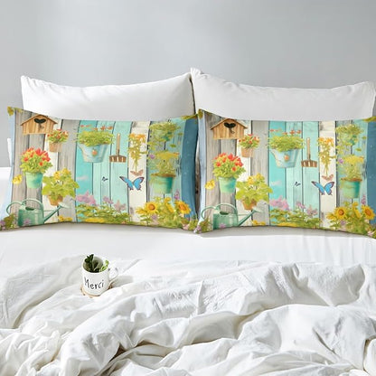 Manfei Gardener Kids Sheet King Size,Gardening Tools Potted Plants Flowers Bedding Set,Boys Girls Room Decor,Wooden Plank Geometric Rustic Green Retro Bed Sheet Set 4pcs(Fitted + Flat + 2 Pillowcases)