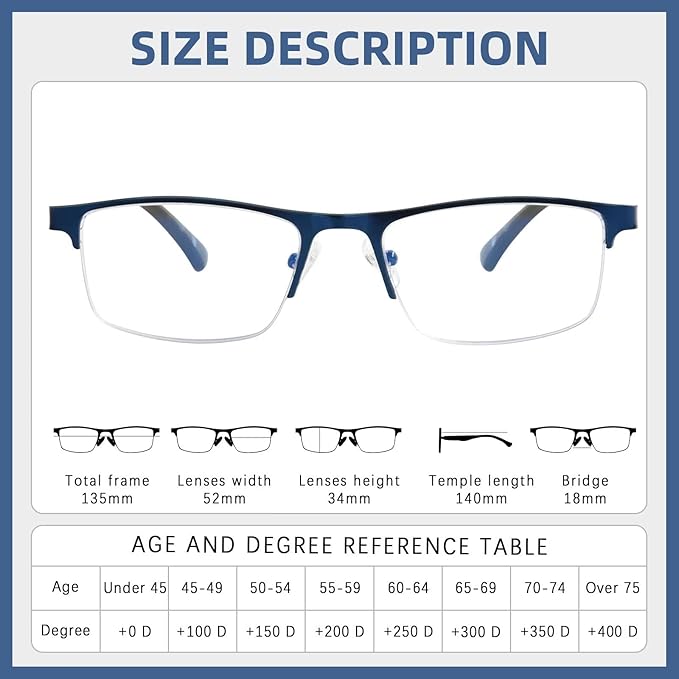 FONHCOO Reading Glasses for Women Men, Blue Light Blocking Reading Glasses Metal Half Frame Computer Readers Anti UV/Glare