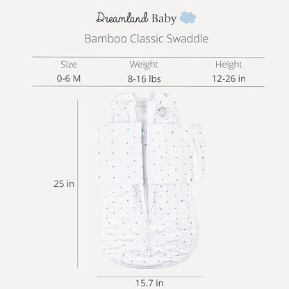Dreamland Baby Viscose Swaddle Blanket (0-6 Months). 1.0 TOG Ultra Soft Swaddle Blanket w/Built in Band. 97% Viscose, 3% Spandex (White with Grey Stars). Mom-Owned US Business, Premium Materials