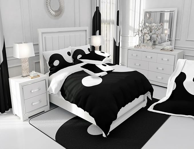 Manfei Black and White Kids Sheet Set Queen Size, Tai Chi Gossip Bed Sheet Set 4pcs (Fitted Sheet, Flat Sheet, 2 Pillowcases), Yin Yang Gossip Bedding Set for Boys Teens Adults Bedroom Decor