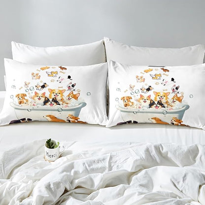 Bathing Puppy Fitted Sheet Queen Size,Cute Animals Watercolor Corgi Dog Bedding All-Round Elastic Pocket,Kawaii Dog 3D Bathtub Bed Sheet 3 Pieces Fits Mattress(No Flat Sheet)