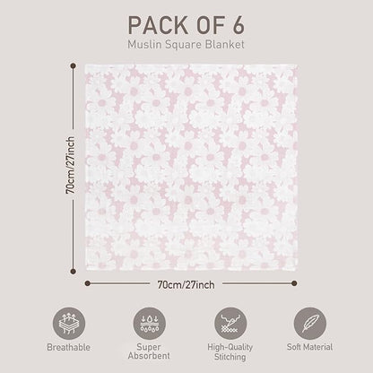 GLLQUEN BABY Receiving Blanket Boy Cotton Muslin Swaddle Blankets Girl Newborn Squares Breathable & Soft Thin Baby Blankets Cloths Double Absorbent Infant Swaddling Wrap - 6 Pack (Rosebud)