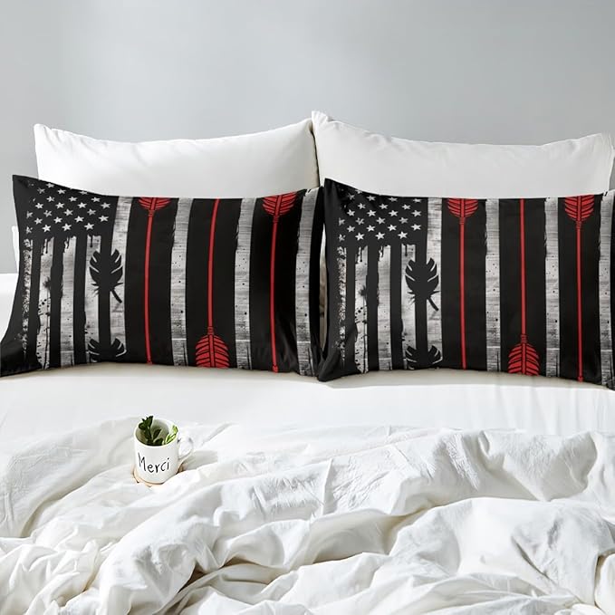 Manfei Archery Fitted Sheet Queen Size, American Flag Print Bedding Set 3pcs, Sports Gaming Theme Bed Cover with 2 Pillowcases, Kids Boys Teens Adults Room Decor, Soft Bedding(No Top Sheet)