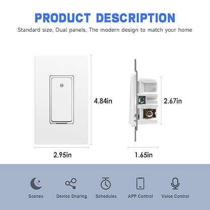 Matter Smart Light Switch,Voice Control w/Siri, Google Assistant, Smartthings, UL Certified, Timer & Schedule, Easy Guided Install, Neutral Wire Required, Single Pole, White,10A, 4Pack