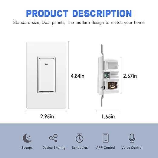 Smart Switch with Matter, Connected Wall Switch for Apple Home, Google Home, SmartThings, Single Pole, NOT for Alexa, UL-Certified, White,10A, 2-Pack