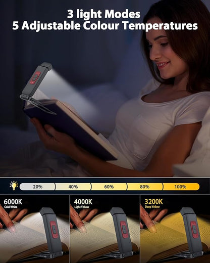SFV Portable Book Light, Clip-On Rechargeable LED Reading Light for Books in Bed, 3 Amber Colors & 5 Brightness Adjustable, Compact & Long Lasting, Perfect for Book Lovers, Kids, Black