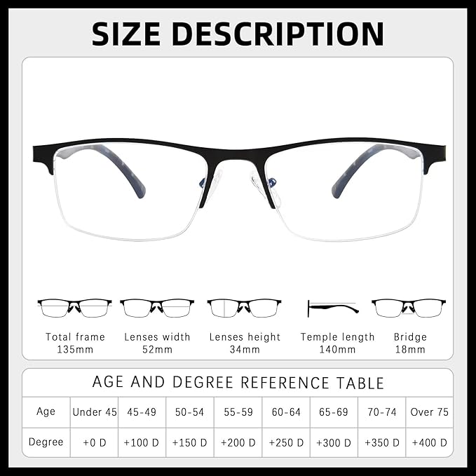 FONHCOO Reading Glasses for Women Men, Blue Light Blocking Reading Glasses Metal Half Frame Computer Readers Anti UV/Glare