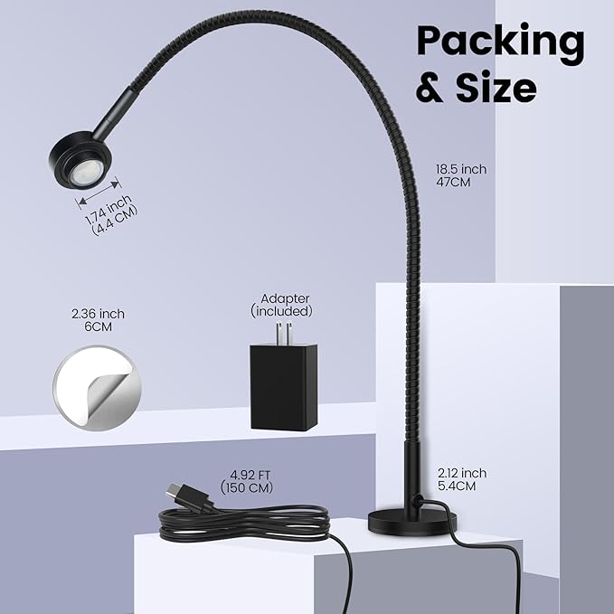 Flexible Reading Light,Book Light,Desk Lamp,Magnetic Base,3 Color Dimmable LED for Bed Reading, Working, Studying, Crafting, Book Lovers Gifts, CRI95+ USB-C Adapter Included