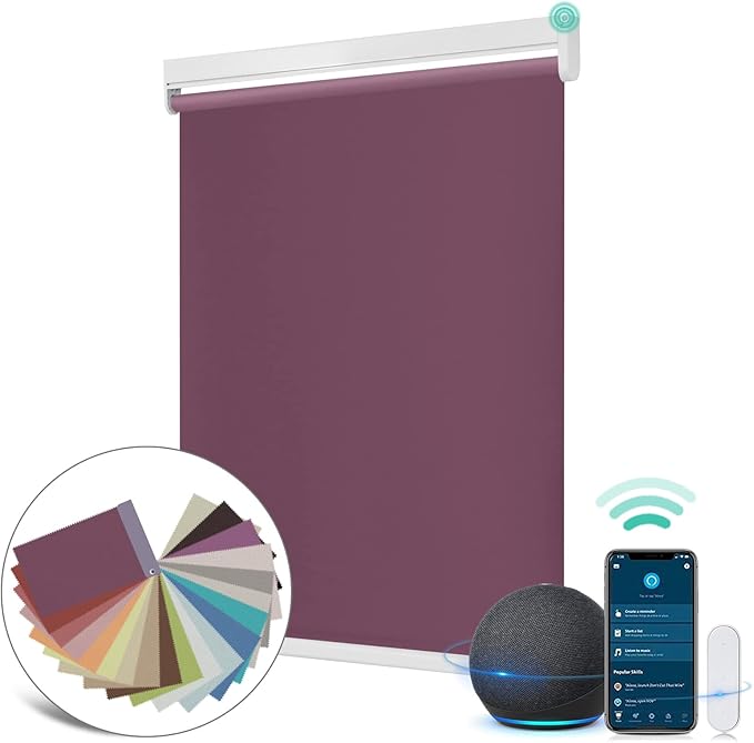Allesin Motorized Roller Shade Blinds Work with Alexa for Window, 100% Blackout Smart Shades Cordless with Remote Control, Electric Automated Blinds for Window, Customized Size for Smart Home (Purple)