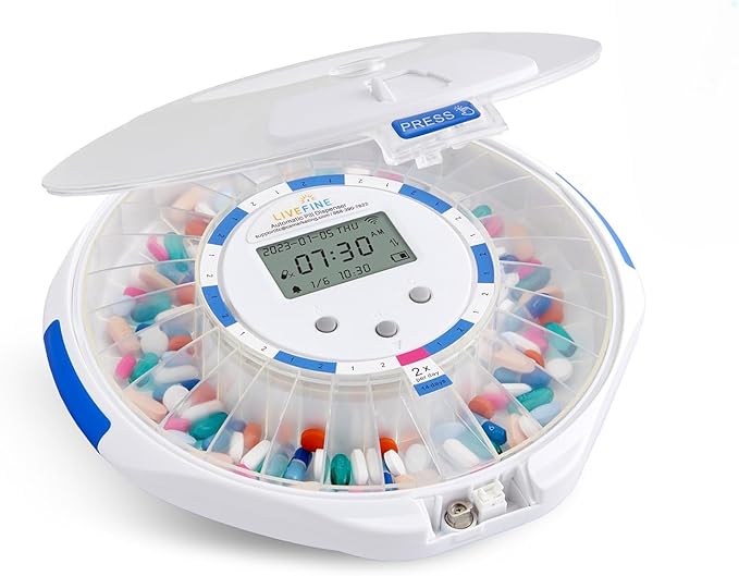 Live Fine Smart WiFi Automatic Pill Dispenser Frosted Lid | 28-Day Medication Organizer Up to 9 Doses Per Day for Care Monitoring with Lock Key, Light/Sound Alarms for Prescriptions & Vitamins