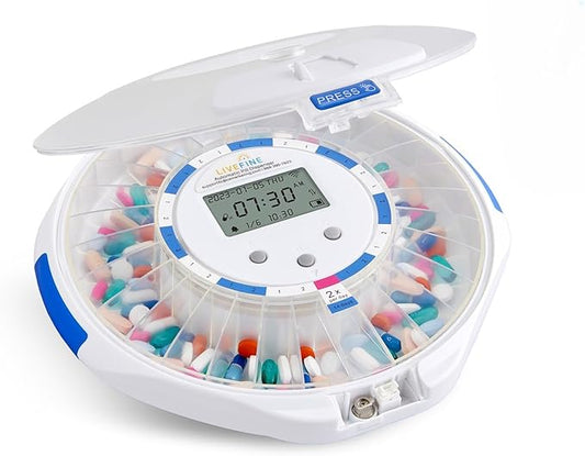 Live Fine Smart WiFi Automatic Pill Dispenser Frosted Lid | 28-Day Medication Organizer Up to 9 Doses Per Day for Care Monitoring with Lock Key, Light/Sound Alarms for Prescriptions & Vitamins