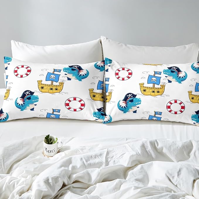 Dinosaur Captain Fitted Sheet Twin 2 Pcs,Boys Nautical Ship Dino Soft Microfiber Sheets Breathable Bedding,Kawaii Animals Watercolor Ocean Adventure Bedsheet with Deep Pocket