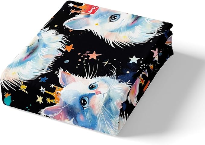 Cartoon Cats Kids Fitted Sheet Twin Size,Watercolor Crown Castle Princess Style Bedding Set,Girls Women Room Decor,Stars Starry Sky Cloud Bed Cover,Cute Romantic Bed Sheet,1 Pillowcase