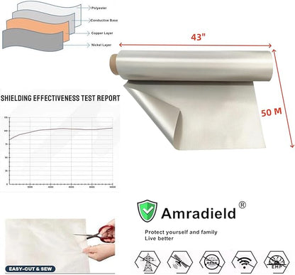 Amradield Faraday Fabric 43"x 50M long Faraday Cloth Tape Nickel Copper Polyester Material Influence RF Signals WiFi Cell Bluetooth RFID Guards you Against Harmful Frequencies and Possible Data Theft