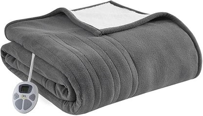 Serta Reversible Fleece to Sherpa Electric Blanket, Fast Heating, Auto Shut Off Timer, Multi Heat Setting, ETL Certified, Machine Washable, Grey Twin 84"x 62"