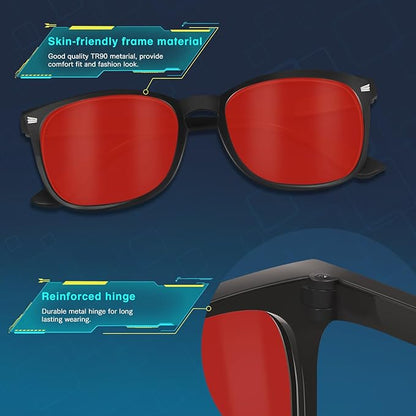 Red Lens Glasses Blue Light Glasses Men Women - 99.9% Blue Green Blocking for Computer, Gaming, TV, Phone Screens