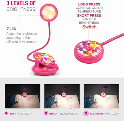 Vekkia Cute Rechargeable Book Light, Eye-Care Clip on Lights for Reading in Bed, 3 Colors & 3 Brightness, 1.8oz Lightweight, Up to 40 Hours Useage, Great Gifts for Kids & Readers (Rose Red)