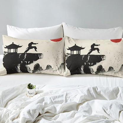 Manfei Karate Fitted Sheet Full Size, Japanese Style Sports Theme Bedding Set 3pcs, Japanese Kungfu Bed Cover with 2 Pillowcases, Kids Boys Teens Adult Room Decor, Soft Bedding(No Top Sheet)