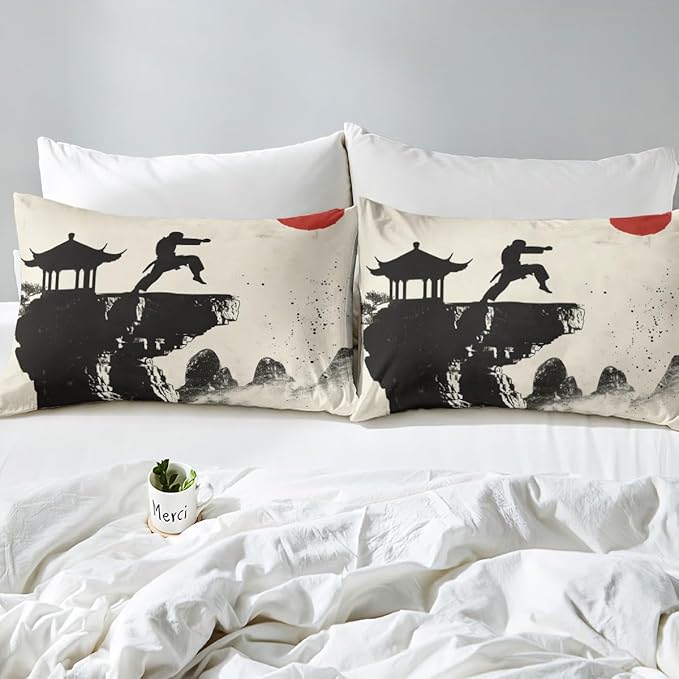 Manfei Karate Fitted Sheet Queen Size, Japanese Style Sports Theme Bedding Set 3pcs, Japanese Kungfu Bed Cover with 2 Pillowcases, Kids Boys Teens Adult Room Decor, Soft Bedding(No Top Sheet)