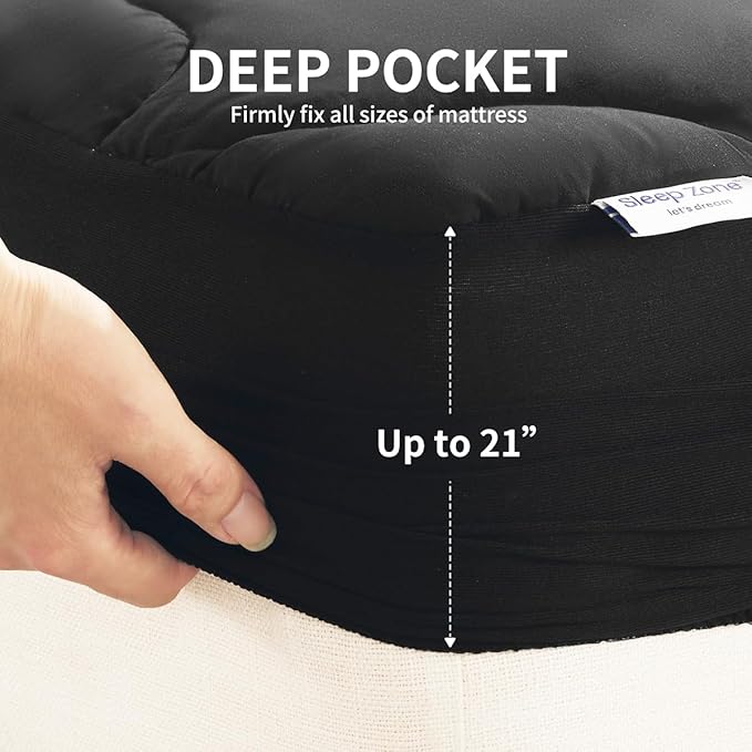 SLEEP ZONE Mattress Pad Cal King Cooling Mattress Topper, Quilted Fitted Mattress Cover, Machine Washable Mattress Protector, Soft Fluffy Down Alternative, Deep Pocket 8~21 inch (Black, Cal King)