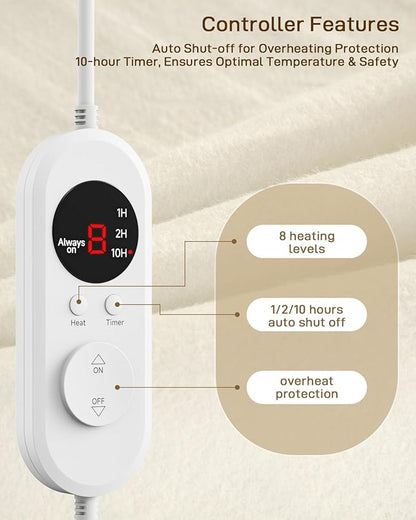 Heated Mattress Pad Queen Size - Electric Mattress Pad with Dual Control, Soft Blanket, Bed Warmer Heater Sheets, 8 Heating Settings,1/2/10 Hours Auto Shut Off, 60" x 80" Pure White