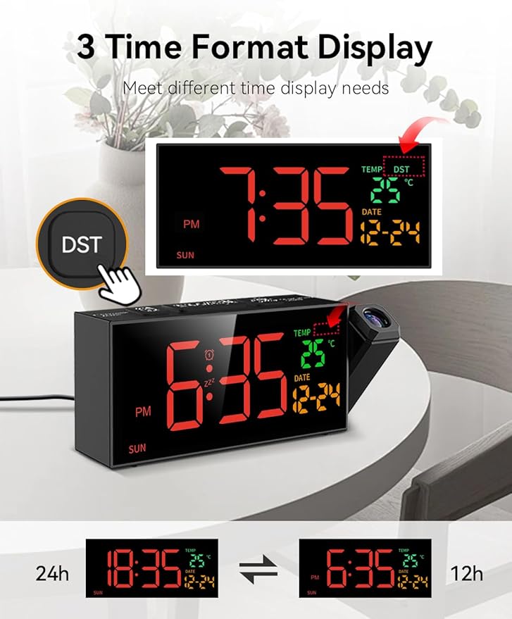 Netzu Projection Clock for Bedroom Ceiling, Alarm Clocks with 180° Rotatable Projector, Date Temperature and Weekday, Manual DST, 5 Brightness, 10 Ringtones, 4 Volumes and Snooze
