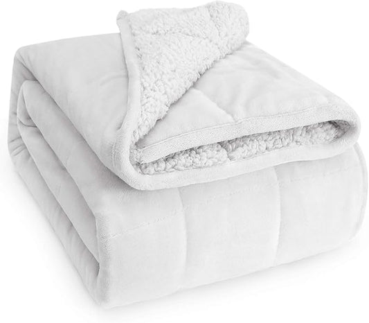 Wemore Sherpa Fleece Weighted Blanket for Adult, 15 lbs Dual Sided Cozy Fluffy Heavy Blanket, Ultra Fuzzy Throw Blanket with Soft Plush Flannel Top, 48 x 72 inches, White on Both Sides