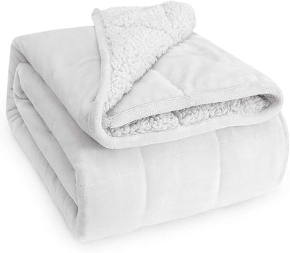 Wemore Sherpa Fleece Weighted Blanket for Adult, 15 lbs Dual Sided Cozy Fluffy Heavy Blanket, Ultra Fuzzy Throw Blanket with Soft Plush Flannel Top, 60 x 80 inches Queen Size White on Both Sides