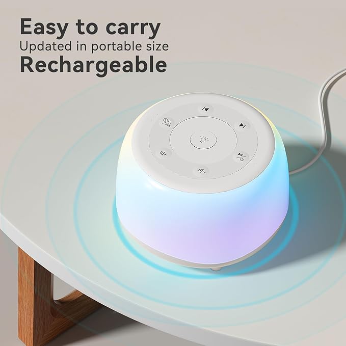 White Noise Sound Machine with 7 Colors Night Light 34 Soothing Sounds, Portable Sound Machine for Baby Adults Kids Sleep with 30 Volume Levels 4 Timers Adjustable Brightness (Black)