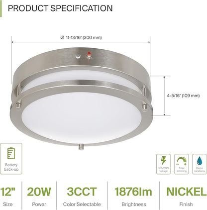 ASD LED 12" Round Flush Mount Lighting, Close to Ceiling Light Fixture | 3CCT, Dimmable, Battery Backup, ETL Listed | 20W 1876LM 3000-5000K 100-277V | Low Profile Double Ring Lamp | Nickel, 4 Pack
