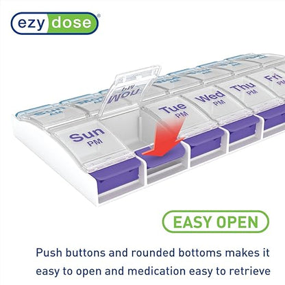EZY DOSE Push Button (7-Day) Pill Case, Medicine Planner, Daily Vitamin Organizer, 2 Times a Day AM/PM, X-Large Compartments, Arthritis Friendly, Easy to use, Clear Lids, Purple and Blue, BPA Free