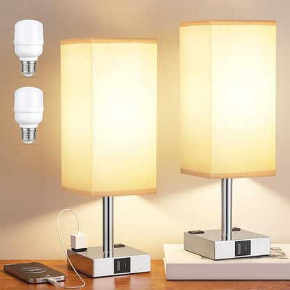 Touch Bedside Table Lamp Set of 2-3-Way Dimmable Night Lamp with USB A + Type C Charging Ports and Two AC Outlets, Small Desk Light with E26 LED Bulb for Bedroom Living Room Dorm Office