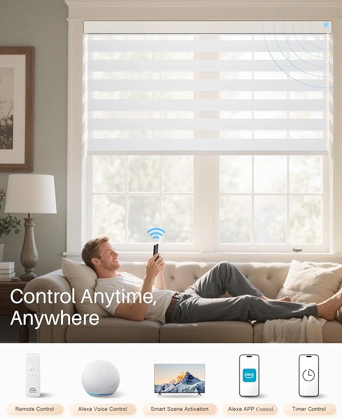 Smart Zebra Blinds for Windows, Alexa Motorized Blinds with Remote Control, Automatic Electric Power Zebra Shades for Indoor Windows (White, 30" W x 72" H)