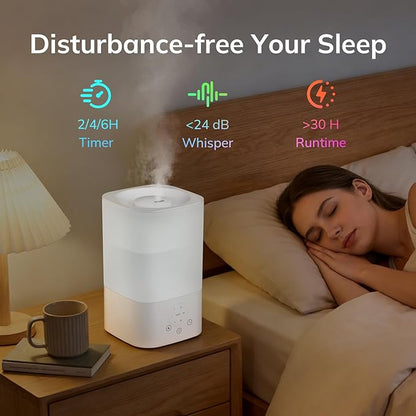 ZAFRO 3.2L Comfort Humidifier for Bedroom, Touch Panel with Timer, 7 Color LED Night Light, Top Fill Design & Three Mist Levels, Ultrasonic Cool Mist Humidifier with Auto Shut-off, White