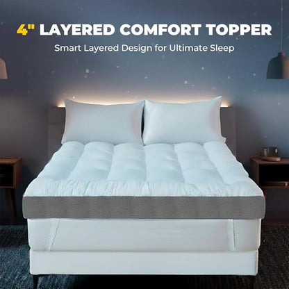 HYPREST 4 Inch Memory Foam Mattress Topper King，Thick Cooling Cotton Pillow Top Mattress Topper with 2000 GSM Shredded Memory Foam - Soft & Supportive for Back Pain Relief,Non-Slip Bottom